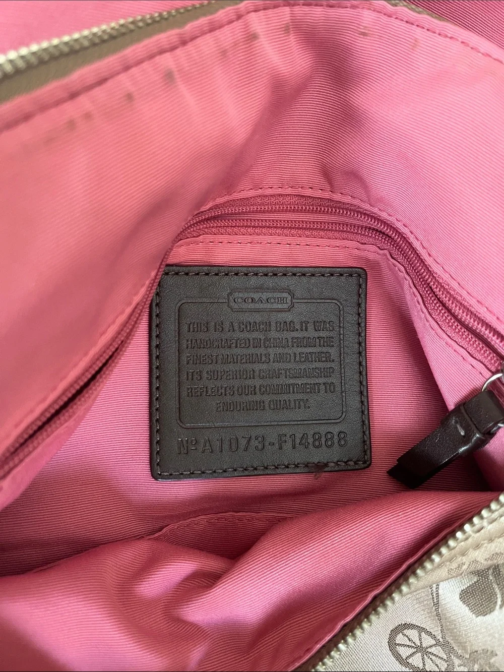 Coach Beige Signature Carriage Crossbody with Pink Lining